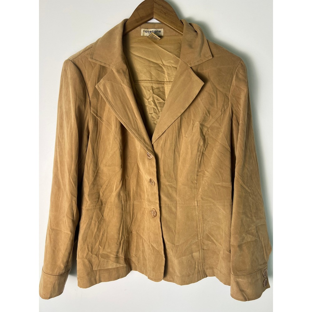 Notations Blazer Wm Petite LG Tan Faux‎ Suede Button Front Jacket Y2K Old Money